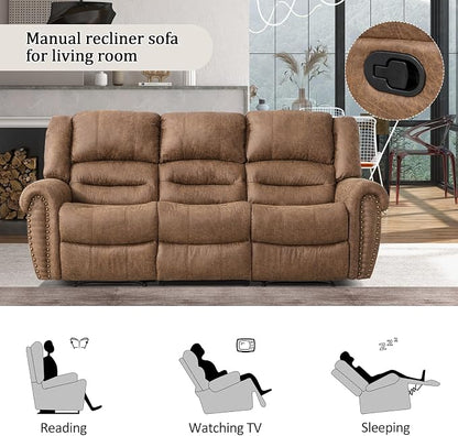 CANMOV Faux Leather Manual Recliner Sofa Set, 2 Recliner Chair and a 3-Seat Sofa for Living Room,Bedroom Furniture, Office,Nut Brown