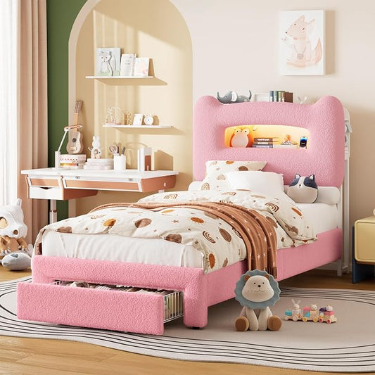 GarveeHome Led Twin Bed Frame for Kids with Drawer, Upholstered Sturdy Platform Bed with Storage Headboard and Charging Station, Noise Free, Easy Assemble, for Girls/Boys, Pink