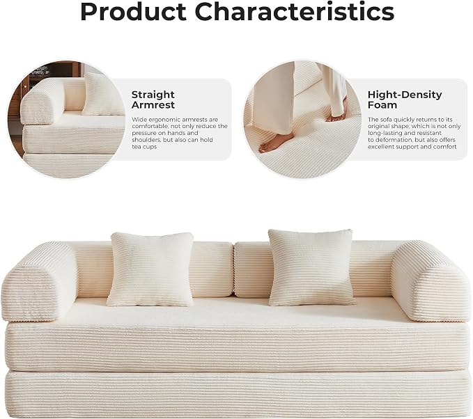 79" 5-in-1 Convertible Sofa Bed No Assembly, Boneless Couch Bed with High Density Foam, Foldable Sleeper Sofa, Corduroy Modular Couch for Apartment, Studio, Dorm Room, Small Space, Beige White