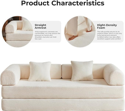 79" 5-in-1 Convertible Sofa Bed No Assembly, Boneless Couch Bed with High Density Foam, Foldable Sleeper Sofa, Corduroy Modular Couch for Apartment, Studio, Dorm Room, Small Space, Beige White