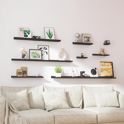 Small Black Floating Shelves for Wall Decor, Wall Mounted Wood Shelf for Bedroom, Living Room, Bathroom, Kitchen, Nursery, Display Ledge Shelf with Lip Set of 2-8 Inches, Black