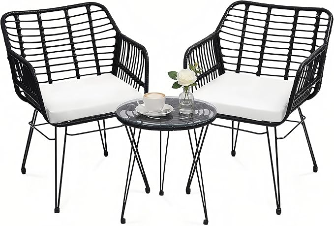 3-Piece Patio Furniture Set, Wicker Bistro Set with 2 Cushioned Rattan Armchairs and Glass Top Coffee Table, Small Conversation Set for Balcony, Porch, Backyard, Black/White
