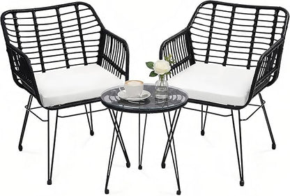3-Piece Patio Furniture Set, Wicker Bistro Set with 2 Cushioned Rattan Armchairs and Glass Top Coffee Table, Small Conversation Set for Balcony, Porch, Backyard, Black/White
