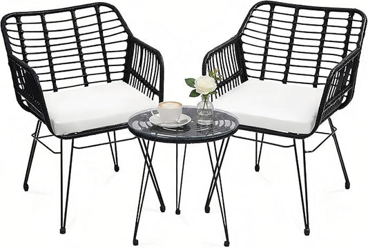 3-Piece Patio Furniture Set, Wicker Bistro Set with 2 Cushioned Rattan Armchairs and Glass Top Coffee Table, Small Conversation Set for Balcony, Porch, Backyard, Black/White