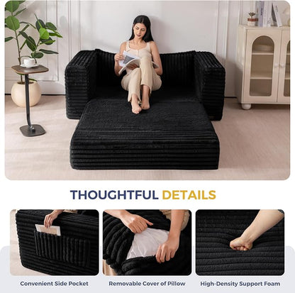 MAXYOYO Convertible Sofa Bed, 2 in 1 Folding Couch Bed for Small Space, Pull Out Loveseat Sofa Couch with Large Back Pillow, Plush Faux Fabric Lounge Couch for Living Room, Apartment, Black