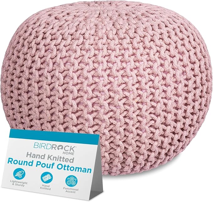 BIRDROCK HOME Round Pouf Ottoman Foot Rest - 18.5”x18.5”x15” Boho Compact Comfortable Soft Cotton Braided Foot Stool with Bean Bag Filling for Living Room, Bedroom, or Nursery (Dusty Rose)