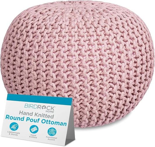 BIRDROCK HOME Round Pouf Ottoman Foot Rest - 18.5”x18.5”x15” Boho Compact Comfortable Soft Cotton Braided Foot Stool with Bean Bag Filling for Living Room, Bedroom, or Nursery (Dusty Rose)