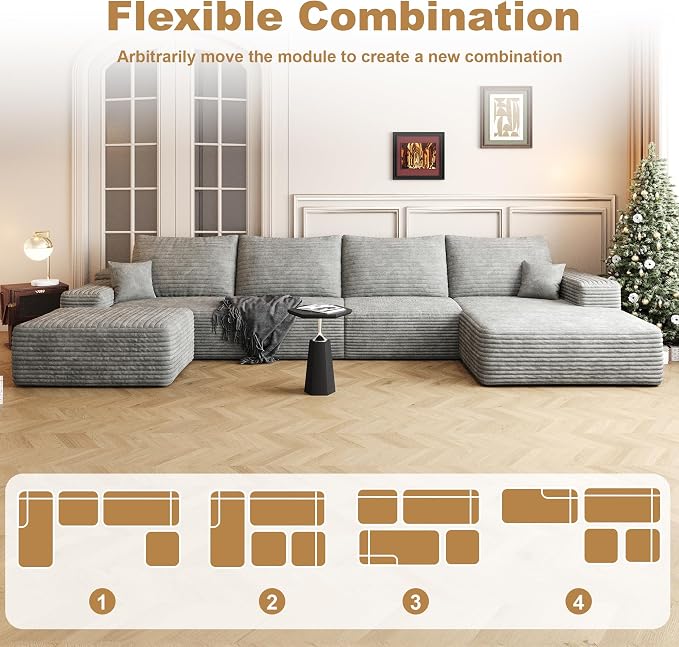 AUGOP 136" Sectional Couches for Living Room Modern Modular Sofa with L-Shape Couchs Upholstered Boneless Couch Deep Seat Sectional Couch with Chaise (Grey, Right Facing Chaise+3Seaters+Ottoman)