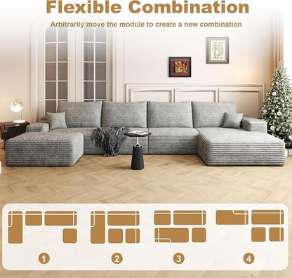 AUGOP 136" Sectional Couches for Living Room Modern Modular Sofa with L-Shape Couchs Upholstered Boneless Couch Deep Seat Sectional Couch with Chaise (Grey, Right Facing Chaise+3Seaters+Ottoman)