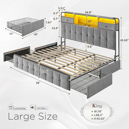 EnHomee King Size Bed Frame with 6 Storage Drawers and LED Lights,Bed Frame King Size with Velvet Upholstered Headboard and Charging Station,No Box Spring Needed,Noise-Free,Easy Assembly,Modern,Grey