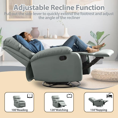 Genuine Leather Rocker Recliner Modern Manual Swivel Glider Recliner with Adjustable Backrest & Footrest Wall Hugger Swivel Rocking Recliner Chair for Modern Living Room and RV Green