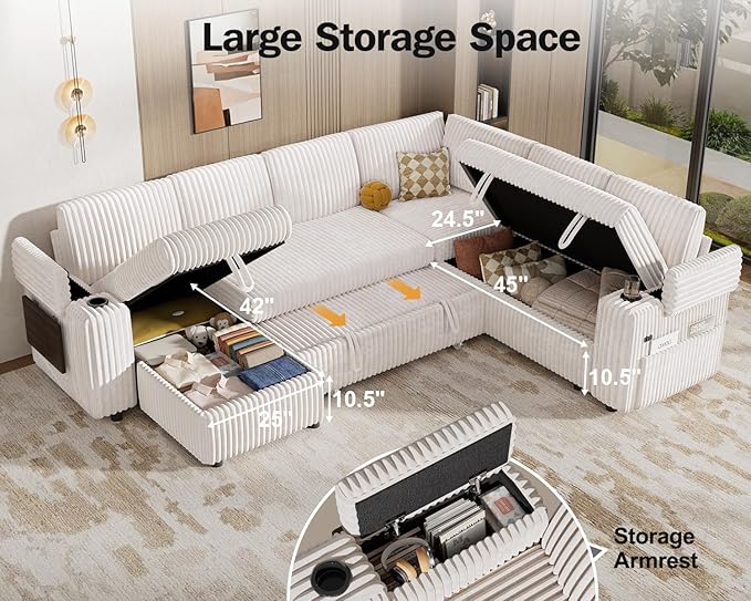 WEUP 111" Modular Sectional Sleeper Sofa with Pull Out Bed, 7 Seat Plush Corduroy L Shaped Couch with Storage Chaise|USB Ports|Cup Holders|Side Table|Storage Armrests, Tool Free Assembly, Beige