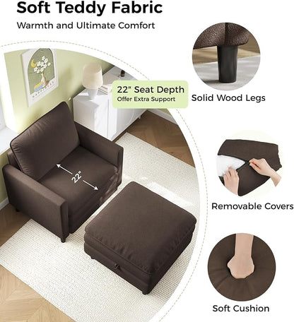 Welzona 3-Layers Cloud Accent Chair with Ottoman, 33" Comfy Reading Chair for Bedroom, Living Room, Tool-Free Assembly with Teddy Fabric Arm Chairs and Ottoman Set, Brown, Removable Washable Cover
