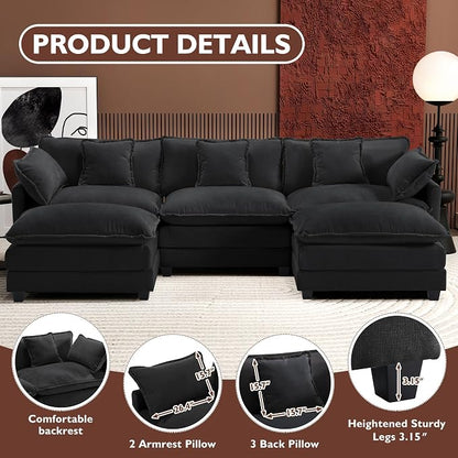 Ihanherry U-Shaped Modern Sofa 111.4" Modular Sectional Cloud Couch with 2 Ottoman, 5-Seat Chenille Deep Seat Sofa with 5 Pillows for Living Room, Black