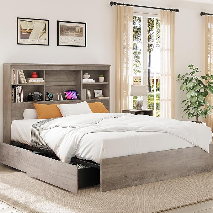 GarveeHome King Size Bed Frame with High Storage Bookcase Headboard, Wood Bed Frame with 4 Storage Drawers, Built in Charging Station, No Box Spring Needed, Metal Frame, Noise-Free, Grey
