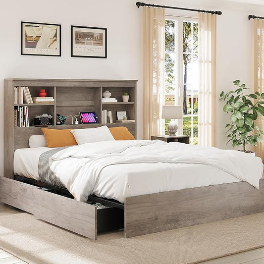 GarveeHome King Size Bed Frame with High Storage Bookcase Headboard, Wood Bed Frame with 4 Storage Drawers, Built in Charging Station, No Box Spring Needed, Metal Frame, Noise-Free, Grey