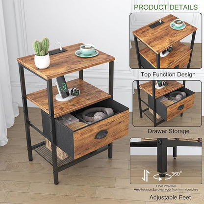 sthmec Nightstands Set of 2, LED Night Stands with Charging Station and Fabric Drawer, Bedside Tables with Drawers, 2- Tier LED Side Table End Table Charging Station Bedroom,Rustic Brown