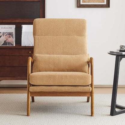 Karl home Accent Chair High Back Mid-Century Modern, Khaki | Corduroy Upholstered, Walnut Color Solid Rubber Wood Frame, Soft Cushion with Pillow, For Living Room, Bedroom, Balcony