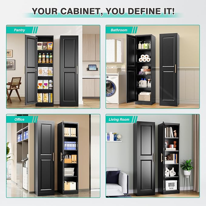SISESOL 71" Tall Narrow Storage Cabinet with 1 Door and 5 Shelves,Slim Kitchen Pantry Cabinet,Black Metal Bathroom Cabinets,Large Cupboard for Home,Kitchen,Laundry,Bathroom