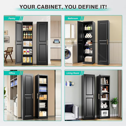 SISESOL 71" Tall Narrow Storage Cabinet with 1 Door and 5 Shelves,Slim Kitchen Pantry Cabinet,Black Metal Bathroom Cabinets,Large Cupboard for Home,Kitchen,Laundry,Bathroom