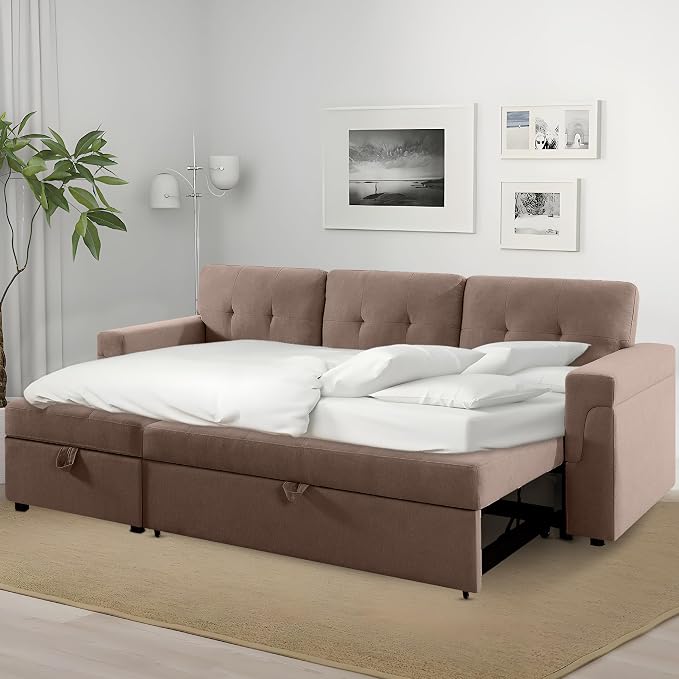 Naomi Home 84" L-Shaped Sectional Sleeper Sofa with Pull Out Bed | Sleeps Guests Comfortably, Stores Essentials in Chaise & Saves Space, Velvet, Mocha Convertible Sofa Bed