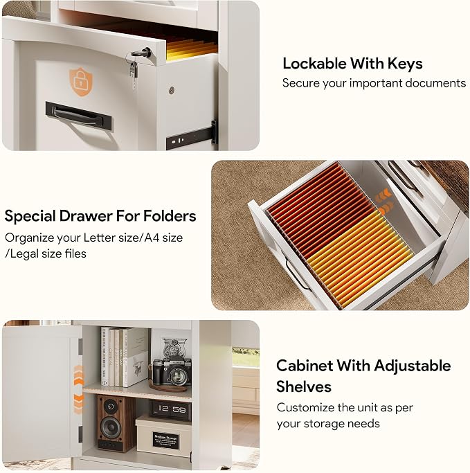 Decofy Farmhouse Executive Desk with Drawers, 55" Home Office Desks with Fast Charging Station, Lockable File Cabinet, Wood Writing Computer Desk for Work, Study, White