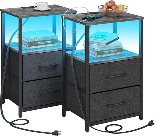 TUTOTAK LED End Table with Charging Station, Nightstand with Cloth Drawer, Side Table with 1 USB Port and 1 Type-C Port, Set of 2, Couch Table, Charcoal Grey TB01BY052L