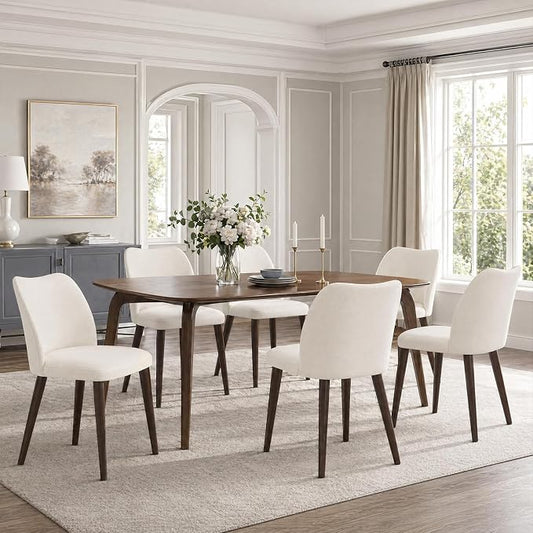 COLAMY Dining Chairs Set of 6, Upholstered Fabric Kitchen Chairs with Curved Back, Padded Seat and Solid Wood Legs, Modern Dining Chair for Kitchen Dining Room, Beige