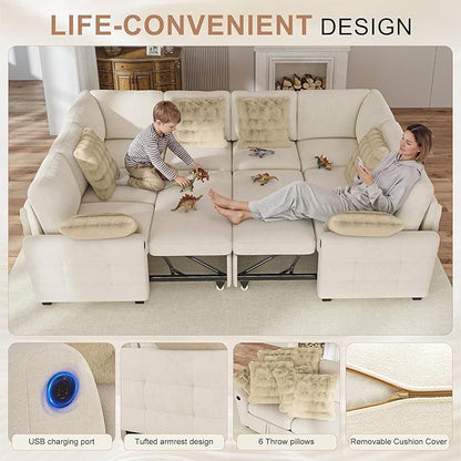 Hanherry Sectional Couch with Pull Out Sofa Bed,Chenille Sleeper Sofa with 2 Seat Storage & USB Charging,Comfy L Shaped Modular Couches for Living Room,Apartment