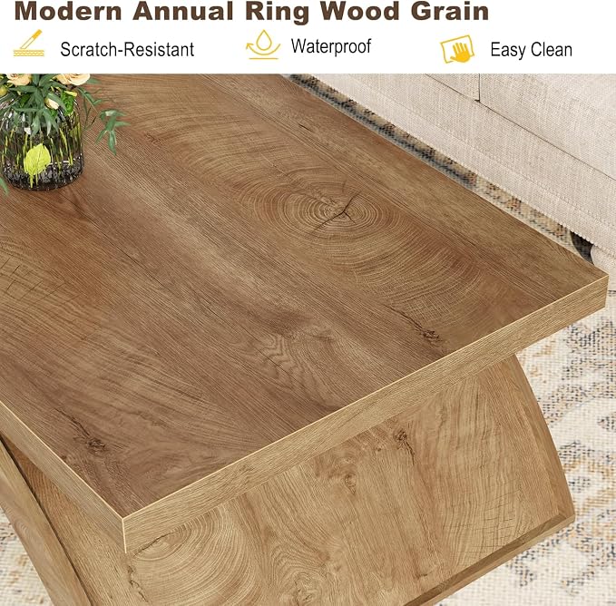 HSH 47" Modern Rectangle Wood Coffee Table for Living Room, Arched Base | Large Rectangular Center Table, Low Table with Sculptural Arched Base, Annual Ring Wood Grain, 200 lb Capacity, Easy Assembly
