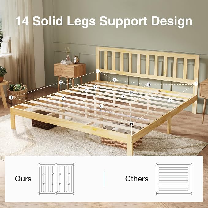 Novilla 12inch King Size Bed Frame Wooden King Bed Frame and Headboard, Classic King Size Bed Frame with Headboard, No Box Spring Needed, Easy Assembly, Pine
