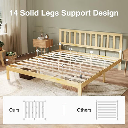 Novilla 12inch King Size Bed Frame Wooden King Bed Frame and Headboard, Classic King Size Bed Frame with Headboard, No Box Spring Needed, Easy Assembly, Pine