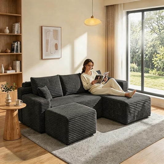 JINGLING 94" U Shaped Boneless Sectional Couch Set for Living Room, Plush Corduroy Modular Sofa with Ottoman, Small Space Apartment Couch, No Assembly, Right Facing Chaise, Dark Grey
