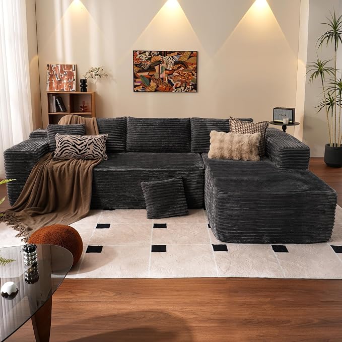 ovios 104" Cloud Boneless Couch with L-Shape Chaise,Modern Sectional Modular Sofa with Deep Seat, Upholstered Couches for Living Room Bedroom,No Assembly Required, Grey (Plush Corduroy Fabric)