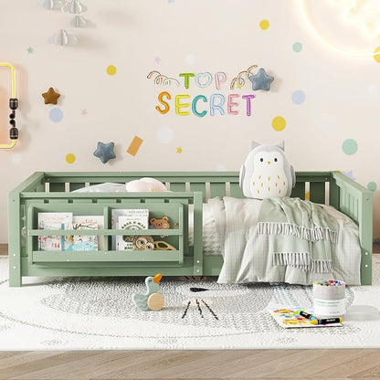 Bellemave Twin Floor Bed with Rails and Slats, Twin Size Montessori Floor Bed with Bookshelf and Fence, Easy Assemble Montessori Beds Frame for Girls, Boys, Avocado Green