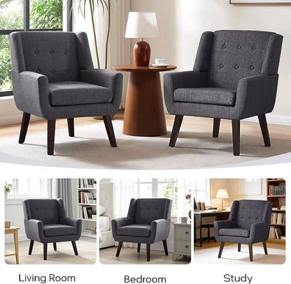 HUIMO Accent Chair Living Room Chair, Upholstered Button Tufted Armchair, Linen Fabric Sofa Chairs for Bedroom, Living Room, Mid Century Modern Comfy Reading Chair (Grey)