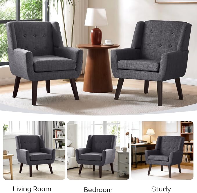 HUIMO Button-Tufted Accent Chairs Set of 2,Upholstered Reading Living Room Chair,Mid Century Modern Chair with Linen Fabric, Club Chair,Comfy Arm Chairs for Living Room,Bedroom,Grey
