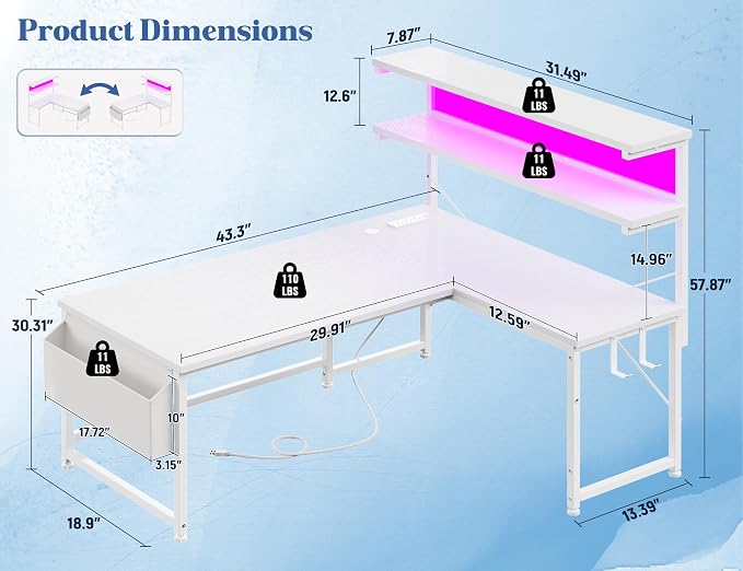 DurayLoly L Shaped Desk Computer Desk with LED Light & Power Outlet, 43.3 Inch Reversible White Desk with Shelf & Storage Bag & Hook for Home Office, White