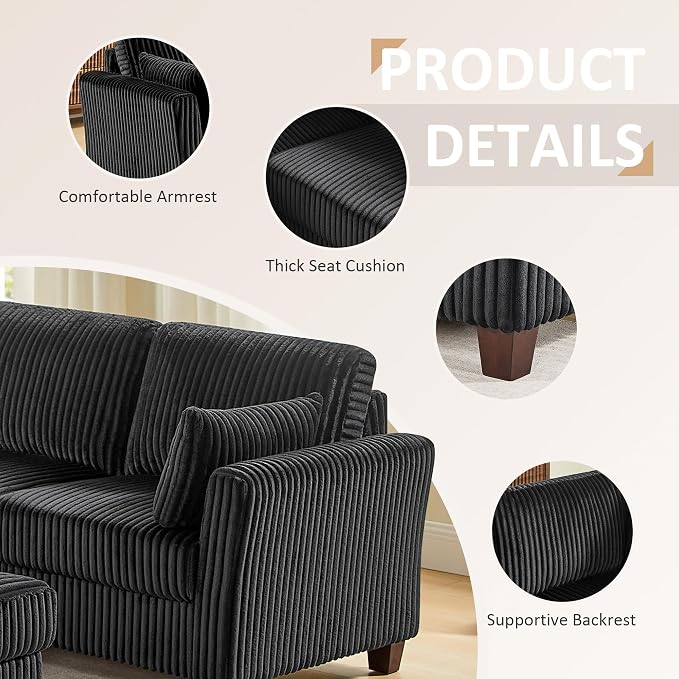 VANOMi Sectional Corner Couch, Corduroy L Shaped Sofa, 6-Seat Couch,Black