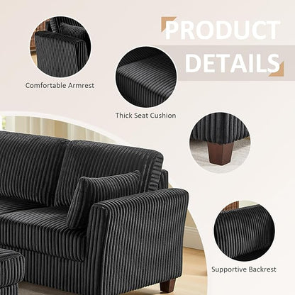 VANOMi Sectional Corner Couch, Corduroy L Shaped Sofa, 6-Seat Couch,Black