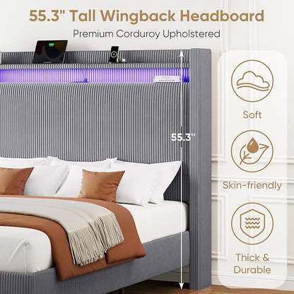 Queen Bed Frame with Tall Headboard, 55.3" Upholstered Platform Bed with LED Lights & Charging Station, Elegant Corduroy Bedframe, 2-tier Storage Wingback Headboard, No Box Spring Needed, Dark Grey