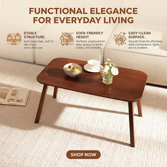 Baveke Folding Coffee Table- Foldable Floor Tables, Mid Century Coffee Table for Living Room, Small Coffee Tables Solid Wood Japanese Low Table for Sitting on Floor, No Assembly, 31.5''-Brown