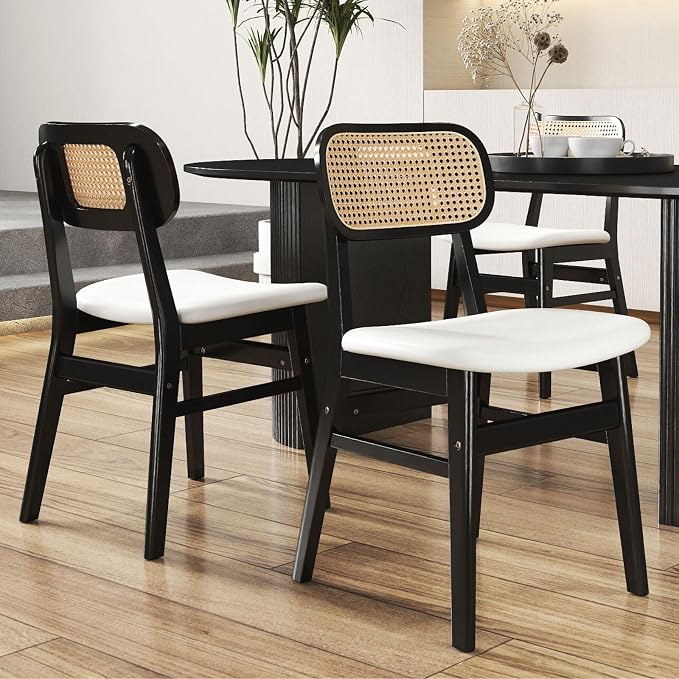 ROCITY Rattan Dining Chairs Set of 2 Black Linen Fabric Dining Room Chairs Natural Wooden Kitchen Chairs Farmhouse Boho