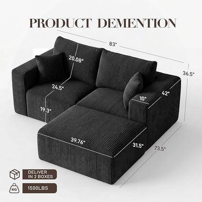 Modular Sectional Sofa with Ottoman, L-Shaped Cloud Couch, 79" Memory Foam Boneless Loveseat with Chaise, No Assembly Required Corduroy Frameless Sofa for Small Living Room Apartment Home Decor, Black