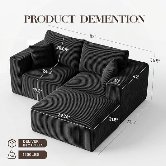Modular Sectional Sofa with Ottoman, L-Shaped Cloud Couch, 79" Memory Foam Boneless Loveseat with Chaise, No Assembly Required Corduroy Frameless Sofa for Small Living Room Apartment Home Decor, Black