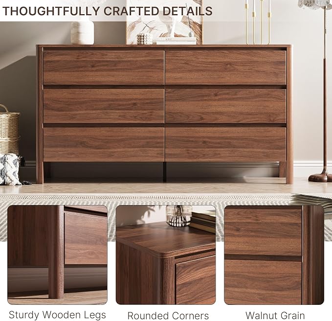 MAISONARIA Walnut 3-Piece Dresser Bedroom Set, 6 Drawers Dresser & 3 Drawer Nightstands with Hidden Handles, Wood Chest of Drawers for Bedroom, Living Room, Entryway