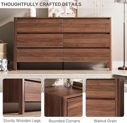 MAISONARIA Walnut 3-Piece Dresser Bedroom Set, 6 Drawers Dresser & 3 Drawer Nightstands with Hidden Handles, Wood Chest of Drawers for Bedroom, Living Room, Entryway