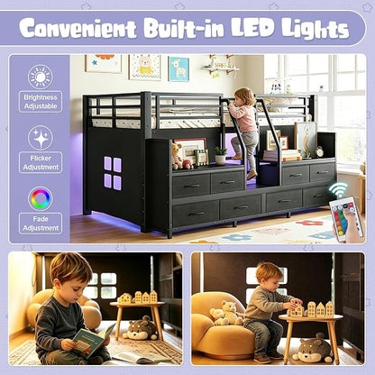 Bellemave Low Loft Bed Twin Size with Storage Shelves & Fabric Drawers, Metal Twin Loft Bed for Kids with LED Lights & Under-Bed Play Area, Low Loft Bed Frame for Bedroom, No Box Spring Needed, Black