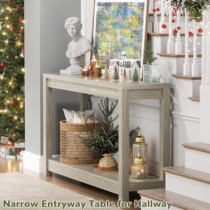 Besiost Small Farmhouse Wood Entryway Table Narrow Console Table with Storage Behind Couch Sofa Table with Shelves Entry Way Table with Open Storage, Easy Assembly, 32" Classical Washed Oak