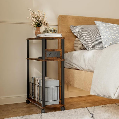 DGSANDGO Narrow Rolling Side Table with Charging Station (Outlets/USB Ports) & Storage Basket - Small Space End Table for Living Room Bedroom Office (Rustic Brown)